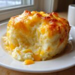 A close-up of a serving of cheesy baked mashed potatoes with a golden-brown, melted cheddar topping.