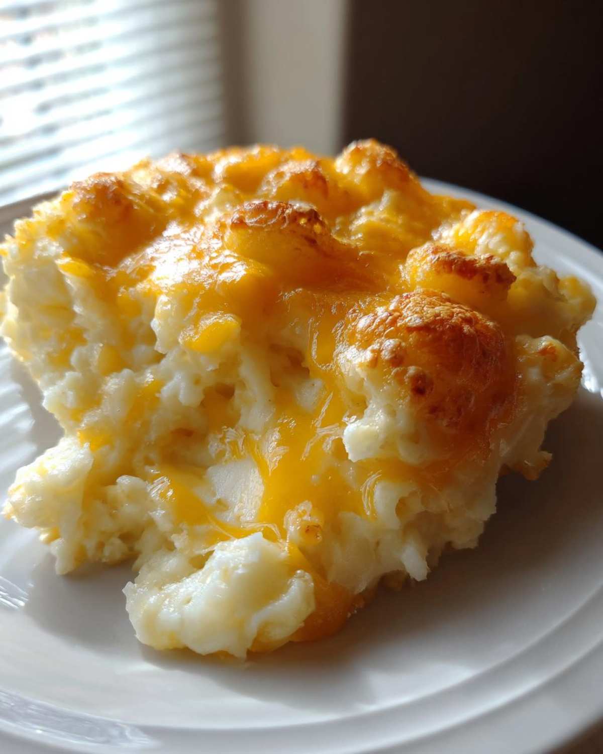 A close-up of a serving of creamy baked mashed potatoes topped with melted, golden cheddar cheese.