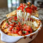 A spoonful of hot, cheesy bruschetta dip is pulled from a white baking dish, showing long cheese strings.
