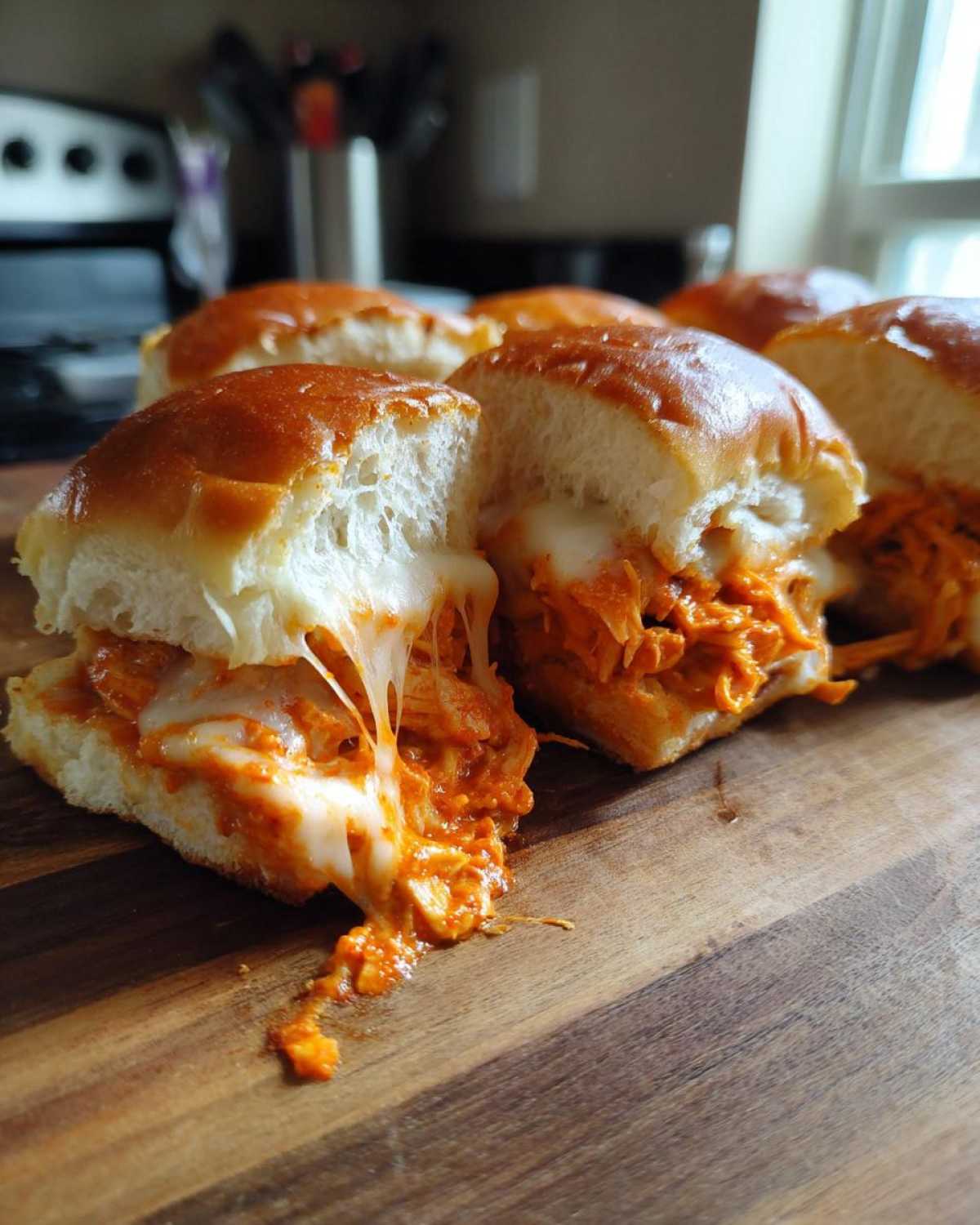 Close-up of cheesy buffalo chicken sliders cut in half, showing melted cheese stretching from the filling.