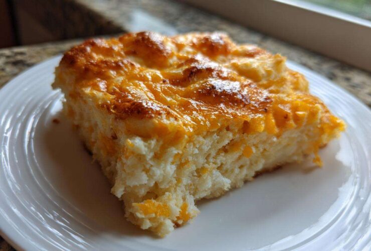 A square serving of cheesy baked mashed potatoes with a golden-brown crust, served on a white plate.