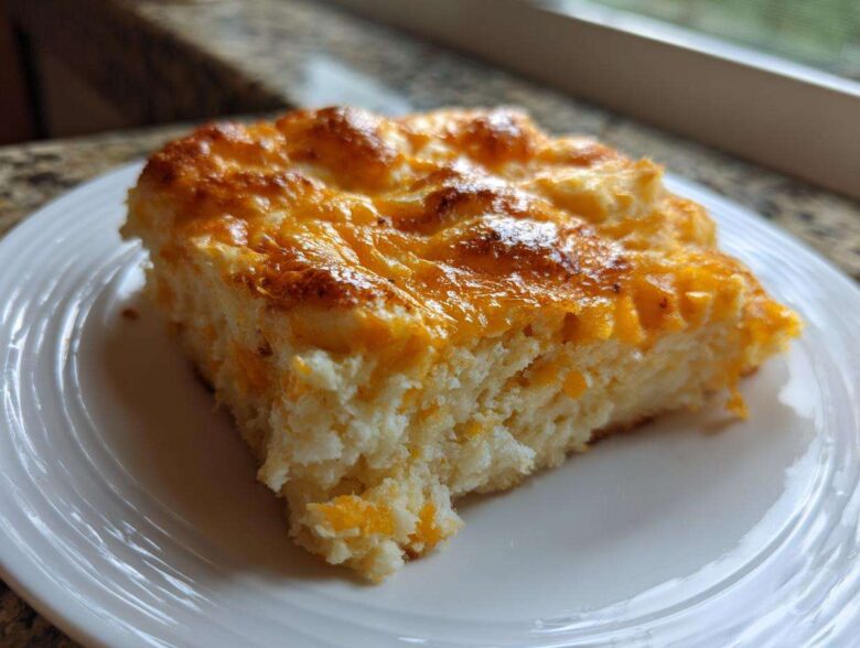 A square serving of cheesy baked mashed potatoes with a golden-brown crust, served on a white plate.