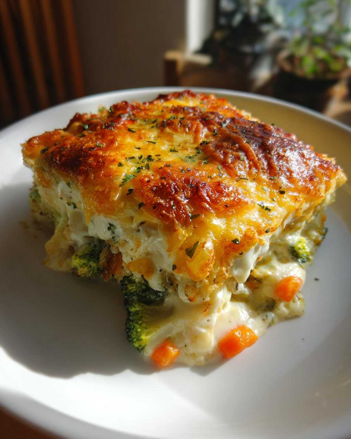 A close-up of a cheesy vegetable casserole slice with broccoli and carrots, featuring a golden-brown topping.