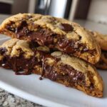 A close-up of chewy chocolate chip cookies broken in half, revealing a gooey, melted chocolate center.