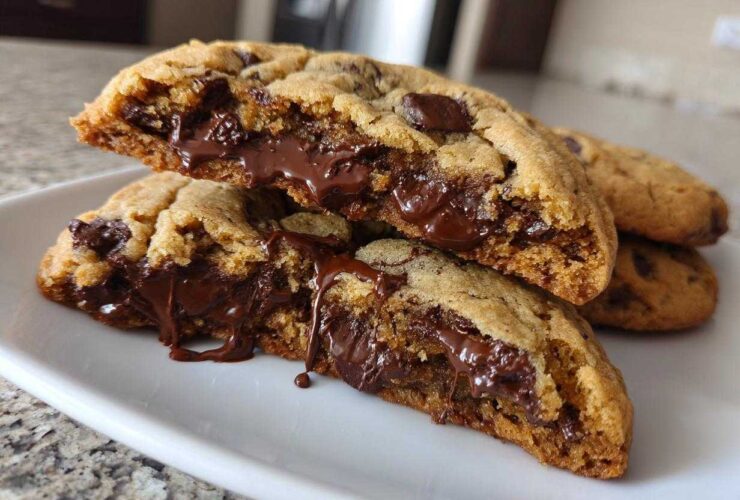 A close-up of chewy chocolate chip cookies broken in half, revealing a gooey, melted chocolate center.