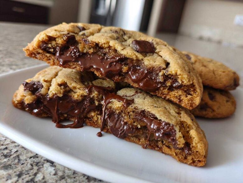 A close-up of chewy chocolate chip cookies broken in half, revealing a gooey, melted chocolate center.