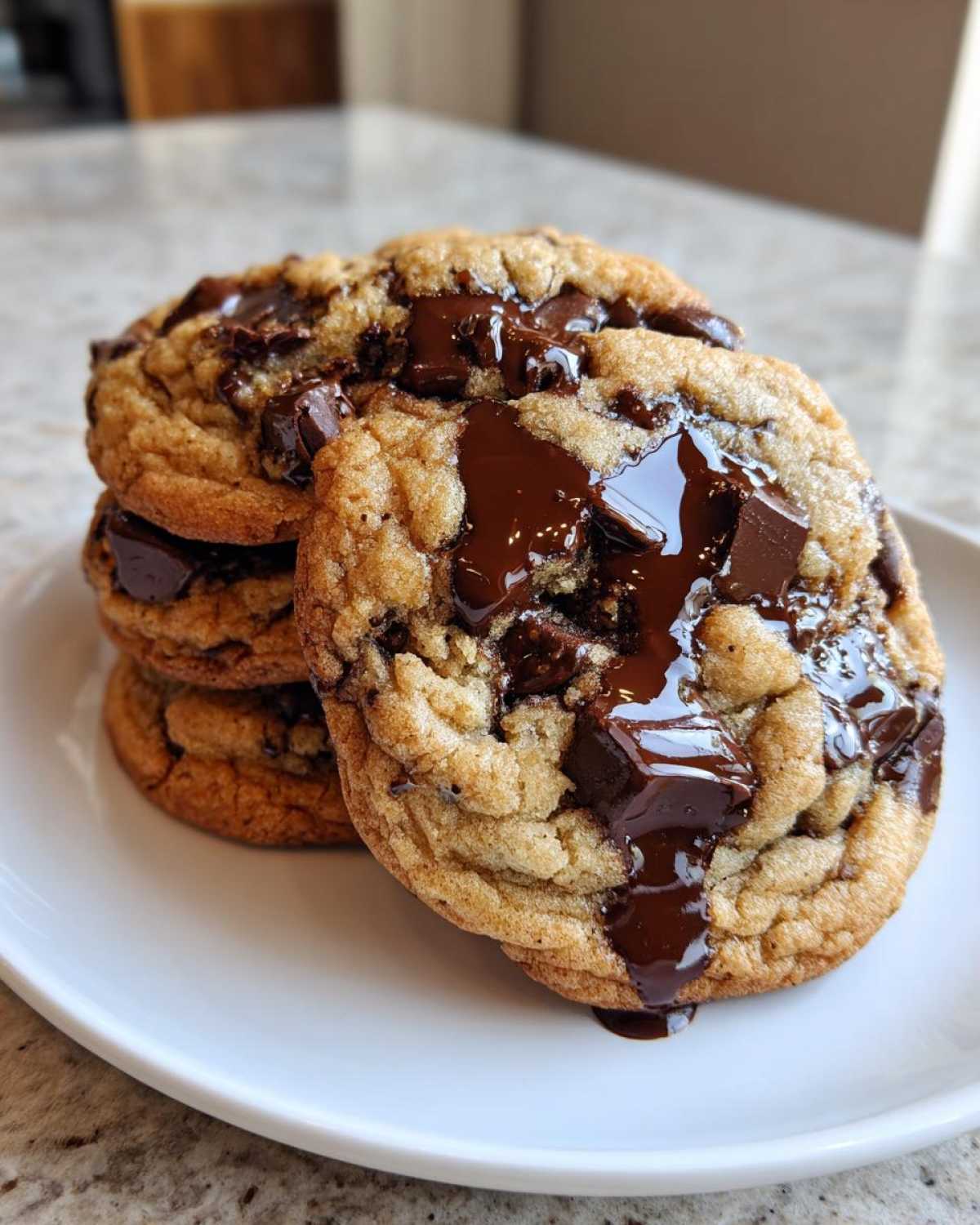 A stack of freshly baked, chewy chocolate chip cookies topped with melted chocolate pools and chunks.