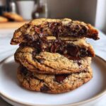 A stack of three thick, chewy chocolate chip cookies, with the top one broken open revealing melted, gooey chocolate.