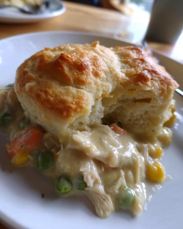 A close-up of a serving of creamy chicken pot pie casserole topped with a golden, fluffy biscuit.