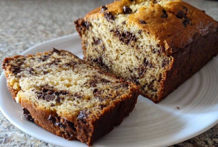 A close-up of a freshly baked chocolate chip banana bread recipe loaf, partially sliced on a white plate.