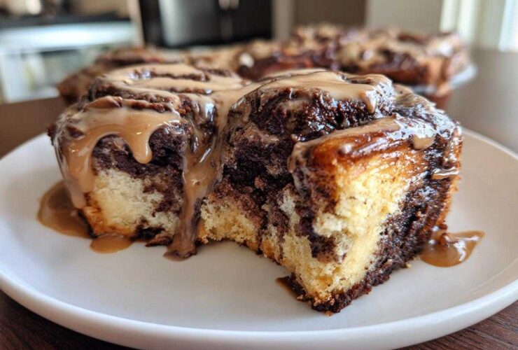 A close-up of a decadent chocolate cinnamon roll slice, featuring marbled dough and a thick caramel glaze dripping down the side.