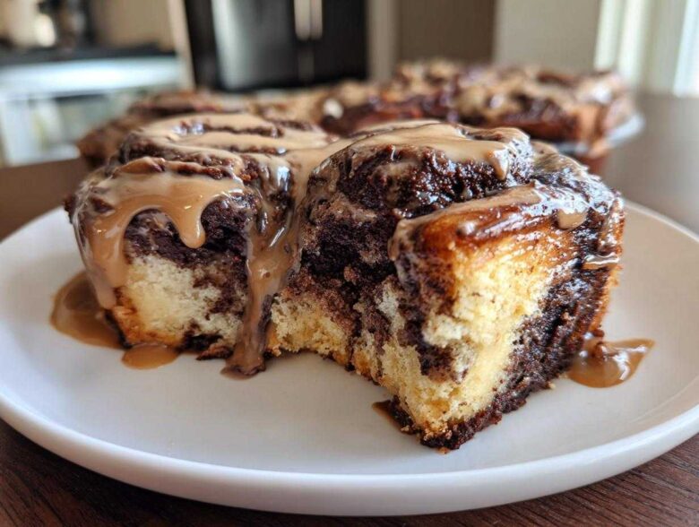 A close-up of a decadent chocolate cinnamon roll slice, featuring marbled dough and a thick caramel glaze dripping down the side.