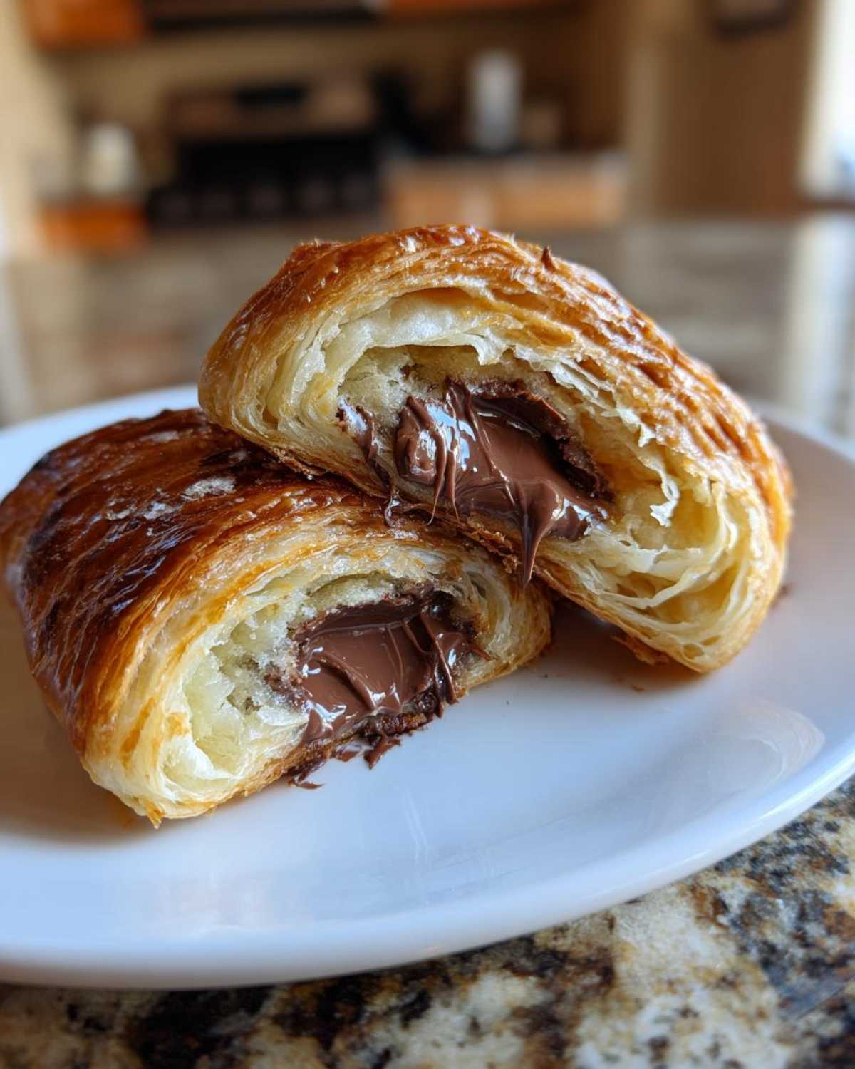 Close-up of a chocolate croissant cut in half, showing gooey melted chocolate filling oozing out.