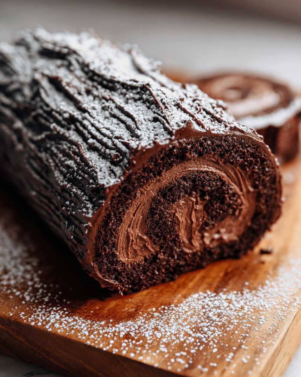 Close-up of a rich chocolate yule log cake roll filled with chocolate cream and dusted with powdered sugar.