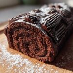 A rich chocolate yule log cake, dusted with powdered sugar, resting on a wooden board.