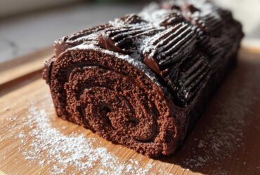A rich chocolate yule log cake, dusted with powdered sugar, resting on a wooden board.