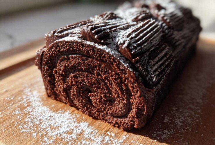 A rich chocolate yule log cake, dusted with powdered sugar, resting on a wooden board.