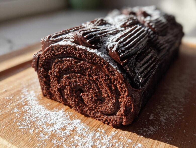 A rich chocolate yule log cake, dusted with powdered sugar, resting on a wooden board.
