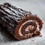 A close-up of a rich chocolate yule log cake, showing the swirl of dark cake and white filling, dusted with powdered sugar.
