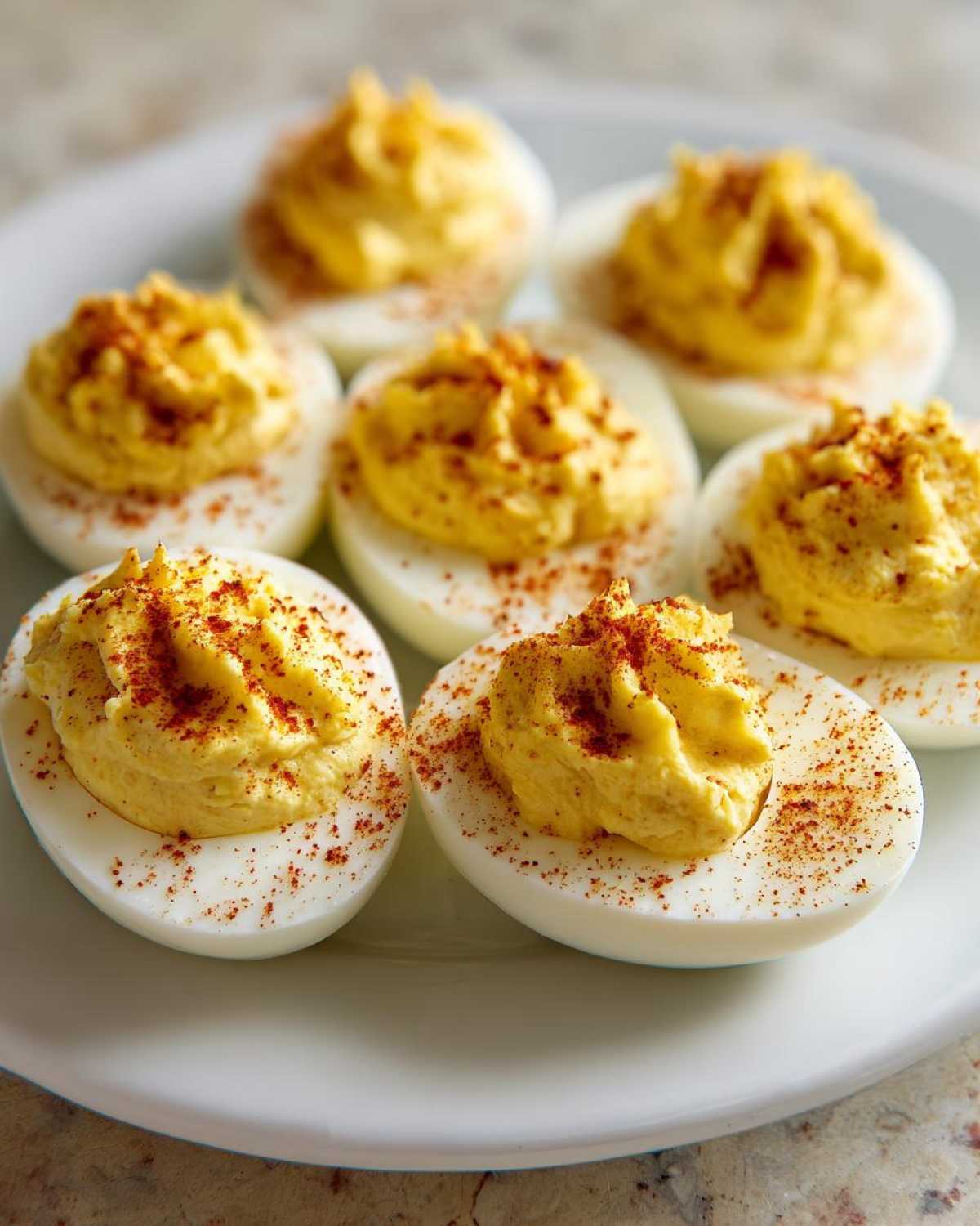 Close-up of several perfectly piped deviled eggs dusted with paprika on a white plate.