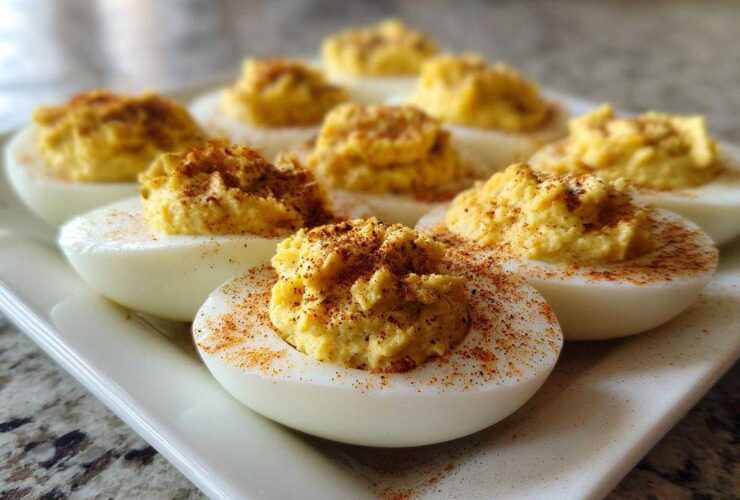 Close-up of several classic deviled eggs arranged on a white platter, topped with creamy filling and sprinkled with paprika.