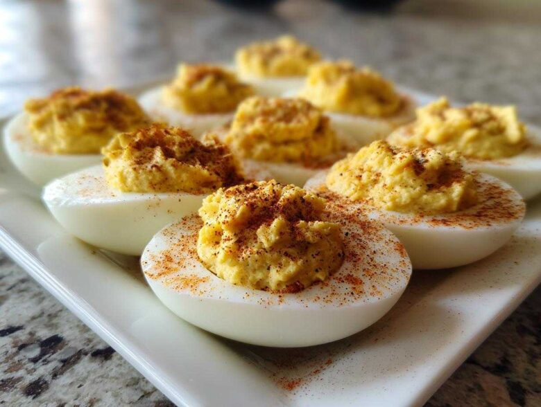 Close-up of several classic deviled eggs arranged on a white platter, topped with creamy filling and sprinkled with paprika.