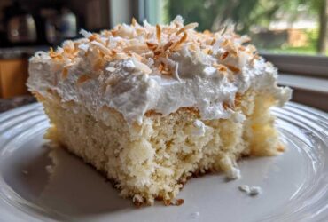 A close-up of a moist slice of coconut poke cake topped with whipped cream and toasted coconut flakes.
