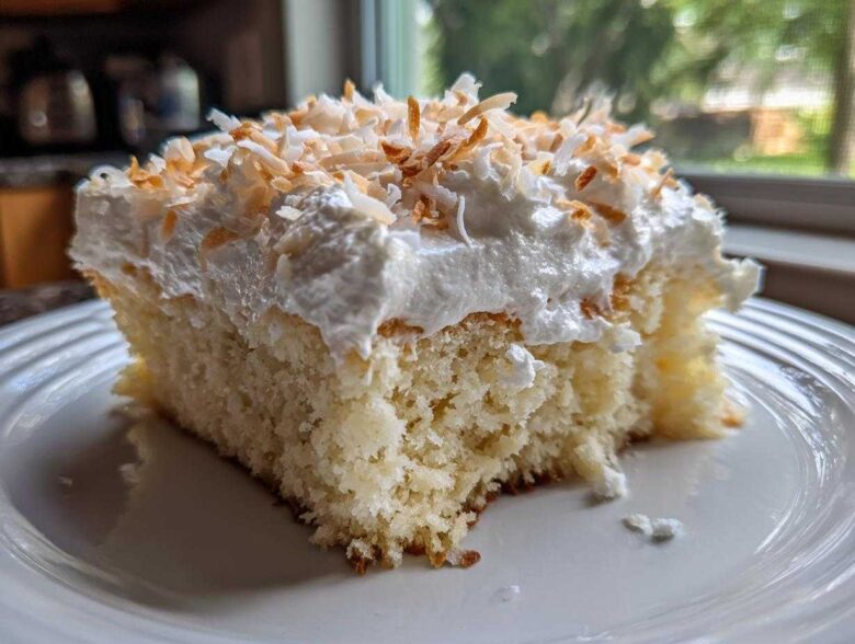 A close-up of a moist slice of coconut poke cake topped with whipped cream and toasted coconut flakes.