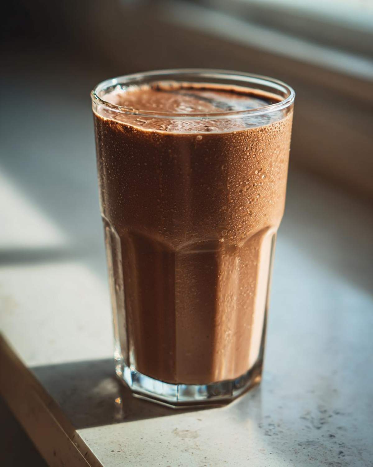 A tall, sweating glass filled with a thick, brown Coffee Smoothie sitting on a counter near a window.