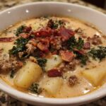Close-up of a creamy bowl of Zuppa Toscana soup topped with sausage, bacon, and kale.