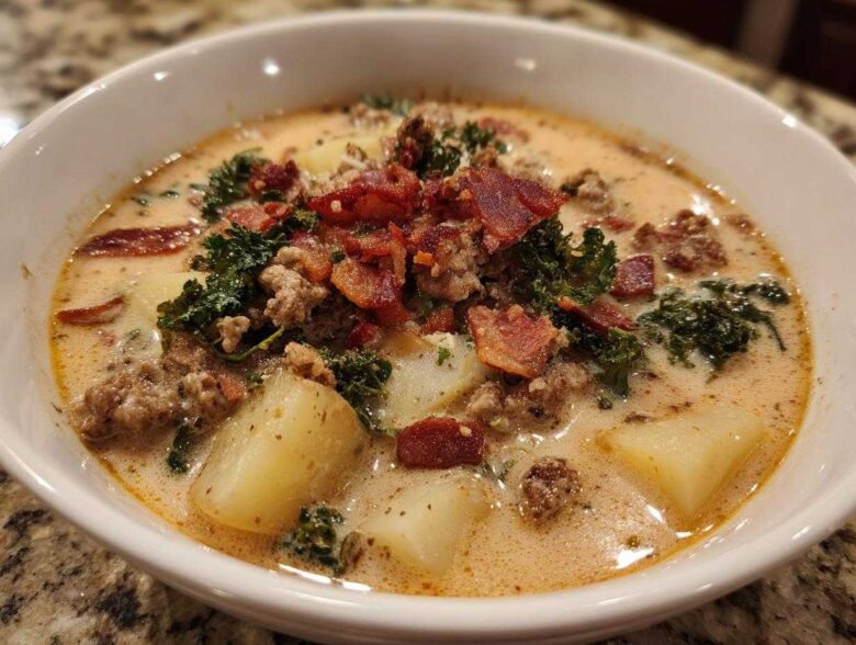 Close-up of a creamy bowl of Zuppa Toscana soup topped with sausage, bacon, and kale.
