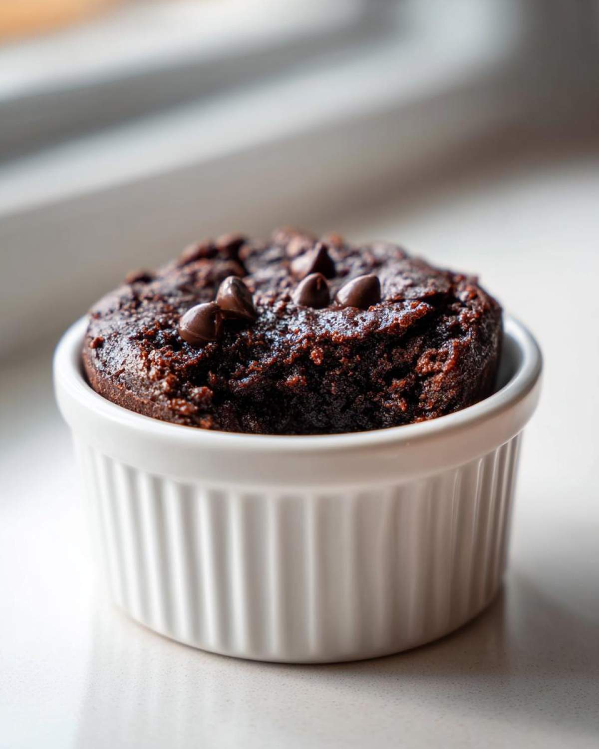 A rich, dark chocolate Cottage Cheese Microwave Brownie topped with chocolate chips, served in a white fluted ramekin.