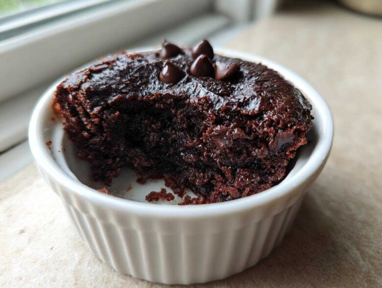 A close-up of a rich, dark chocolate Cottage Cheese Microwave Brownie in a white fluted ramekin, topped with chocolate chips.
