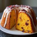 Close-up of a slice cut from a cranberry orange cake, showing the moist interior and citrus glaze.
