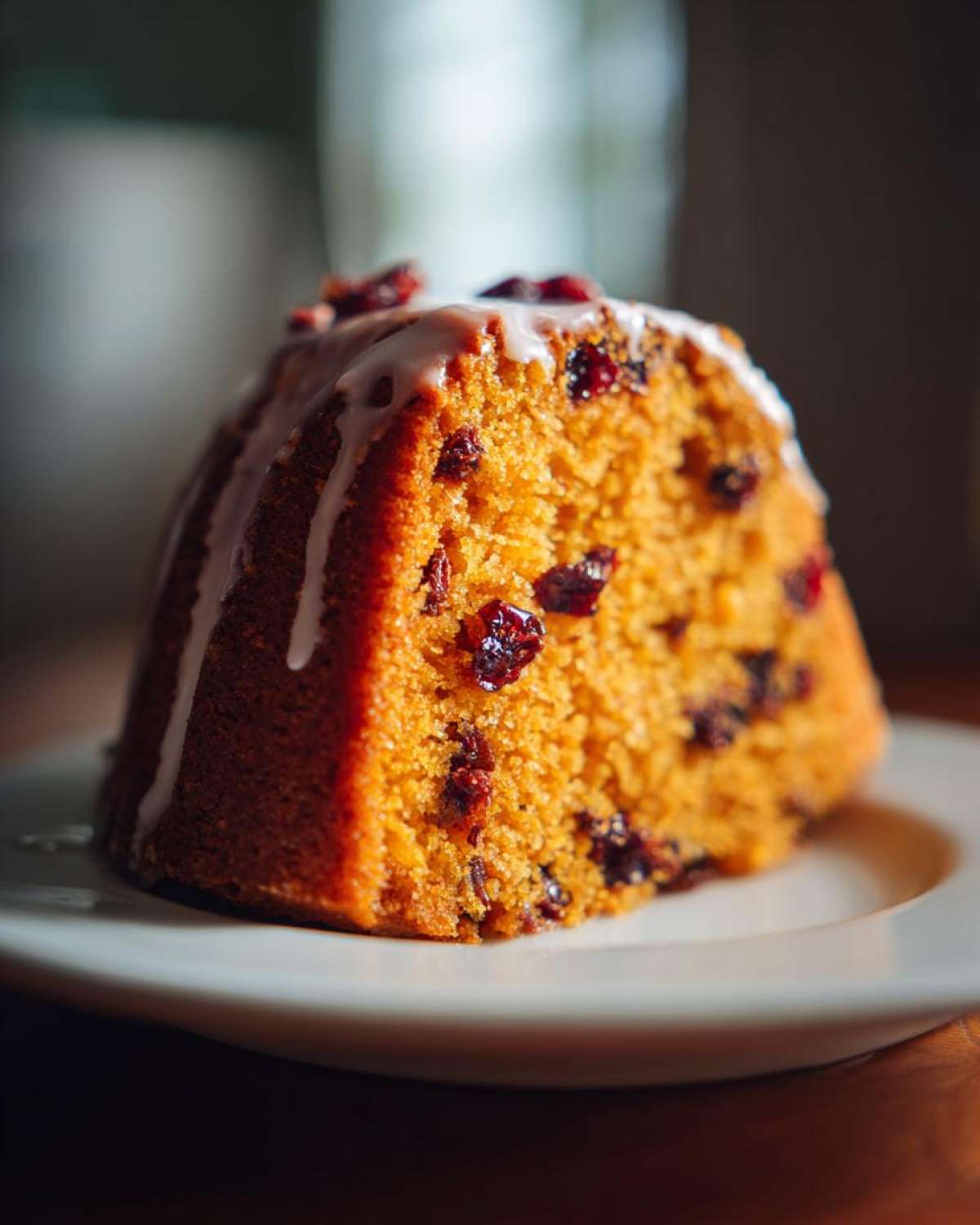 Close-up of a slice of moist cranberry orange cake studded with dried cranberries and drizzled with white icing.