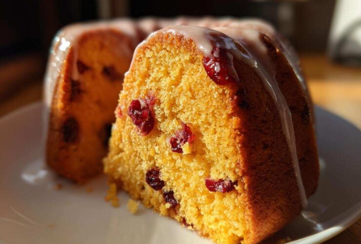 Close-up of a slice of moist cranberry orange cake showing dried cranberries embedded in the yellow crumb and topped with a white glaze.