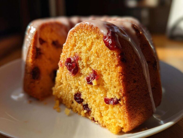 Close-up of a slice of moist cranberry orange cake showing dried cranberries embedded in the yellow crumb and topped with a white glaze.