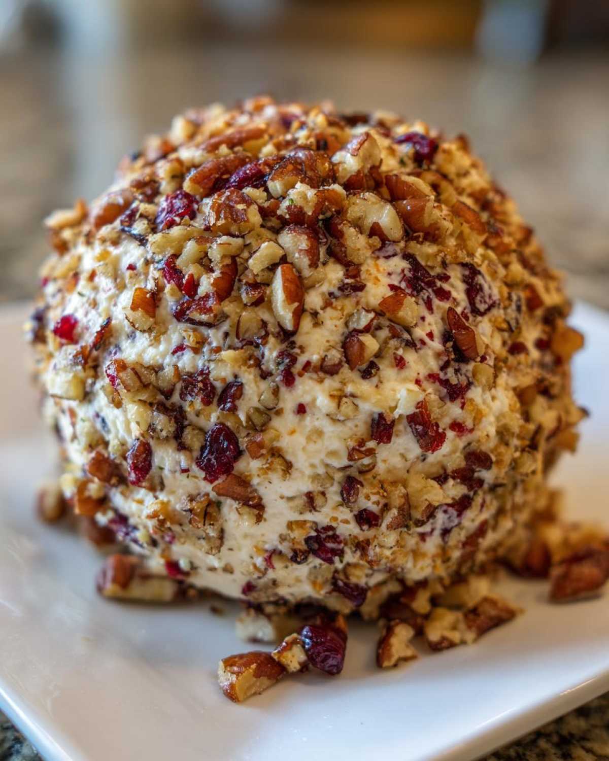 A close-up of a perfectly formed cranberry pecan cheese ball coated entirely in chopped pecans and dried cranberries.