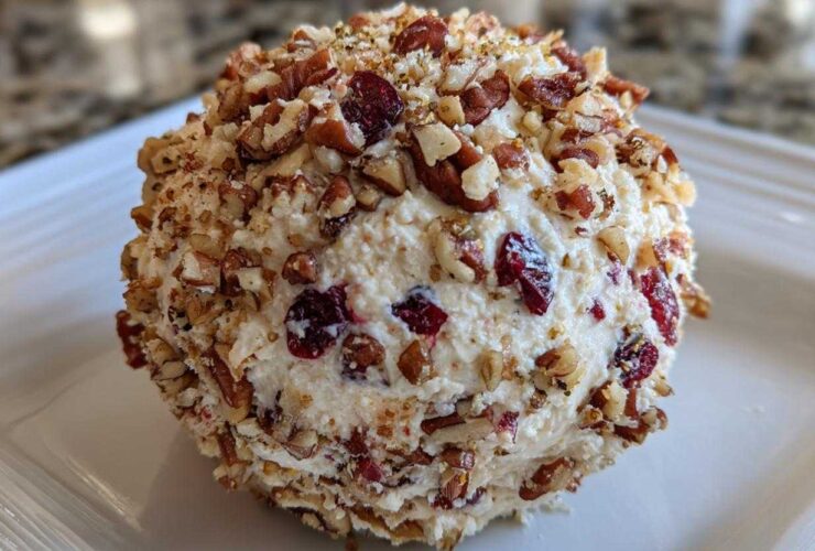 A close-up of a perfectly formed cranberry pecan cheese ball coated in chopped pecans and dried cranberries.