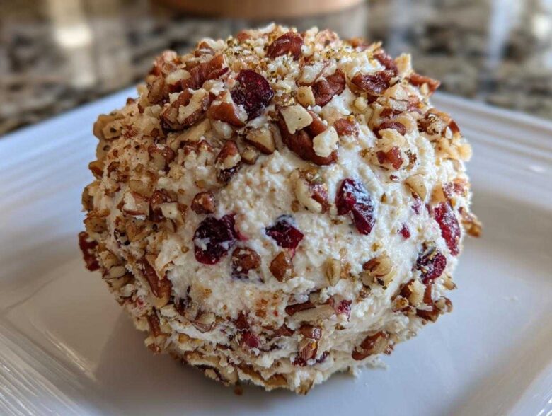 A close-up of a perfectly formed cranberry pecan cheese ball coated in chopped pecans and dried cranberries.