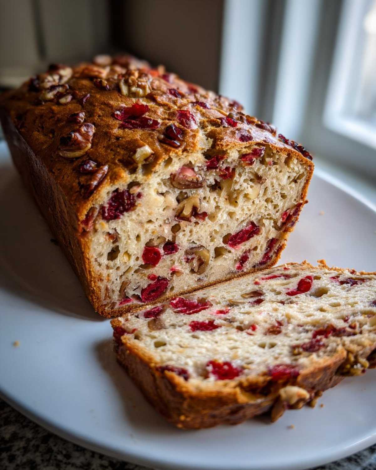 A loaf of freshly baked cranberry walnut bread, partially sliced, showing bright red cranberries and walnuts throughout the crumb.