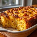 A close-up of a golden brown, baked cream cheese corn casserole with a piece removed, showing its fluffy texture.