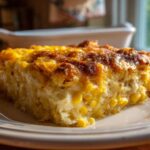 A square slice of rich cream cheese corn casserole featuring whole corn kernels and a deeply browned, cheesy top.