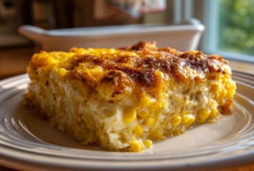 A square slice of rich cream cheese corn casserole featuring whole corn kernels and a deeply browned, cheesy top.