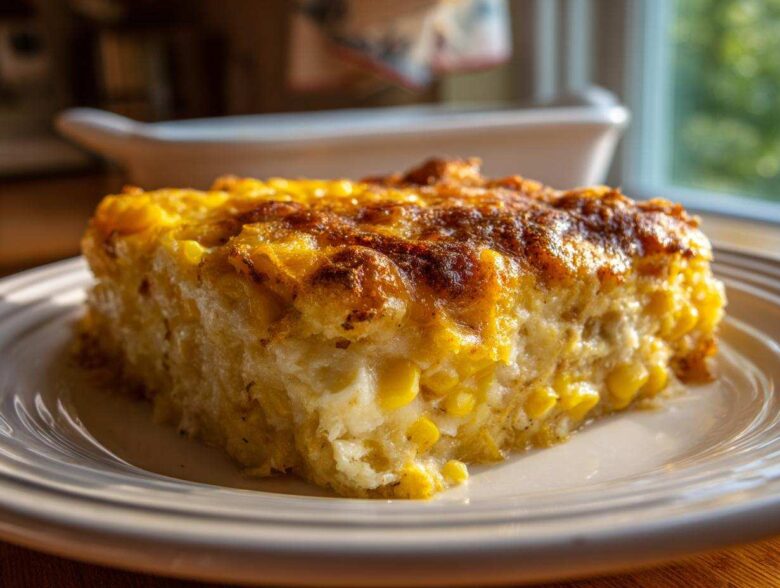 A square slice of rich cream cheese corn casserole featuring whole corn kernels and a deeply browned, cheesy top.