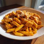 A close-up of creamy Cajun chicken pasta featuring penne coated in an orange sauce with chunks of chicken, topped with shredded cheese.
