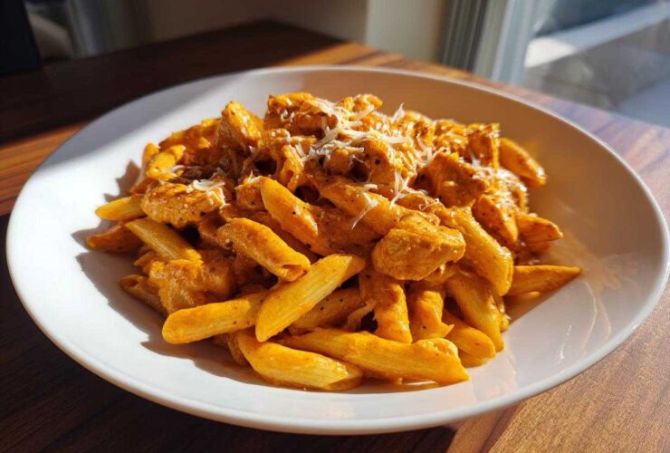 A close-up of creamy Cajun chicken pasta featuring penne coated in an orange sauce with chunks of chicken, topped with shredded cheese.