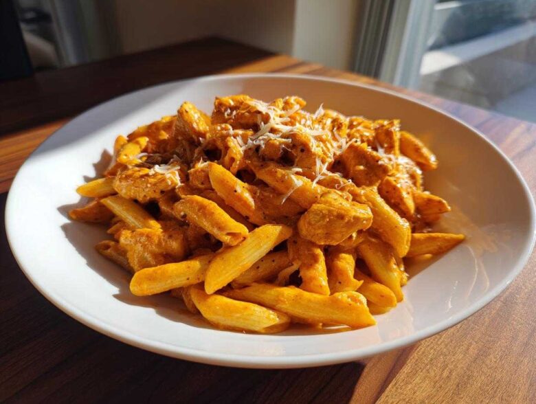 A close-up of creamy Cajun chicken pasta featuring penne coated in an orange sauce with chunks of chicken, topped with shredded cheese.