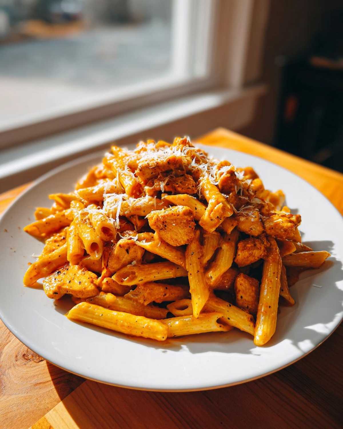 A generous serving of creamy Cajun chicken pasta topped with grated Parmesan cheese on a white plate.