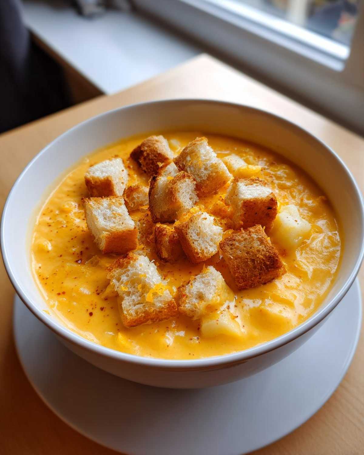 A close-up of a creamy, bright orange cheese soup topped generously with golden brown croutons.